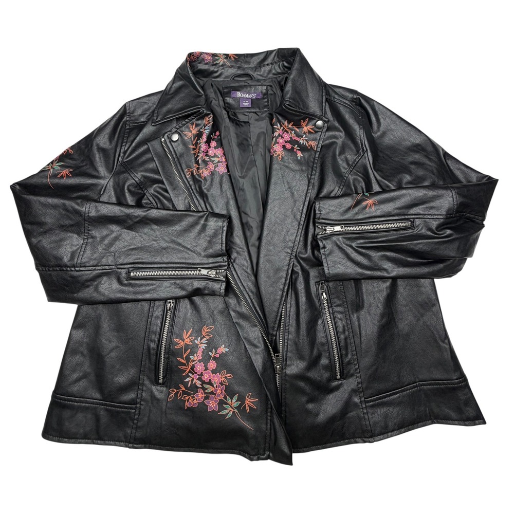 Roaman's Women's 16W Black Faux Leather Floral Print Moto Jacket Plus Size
